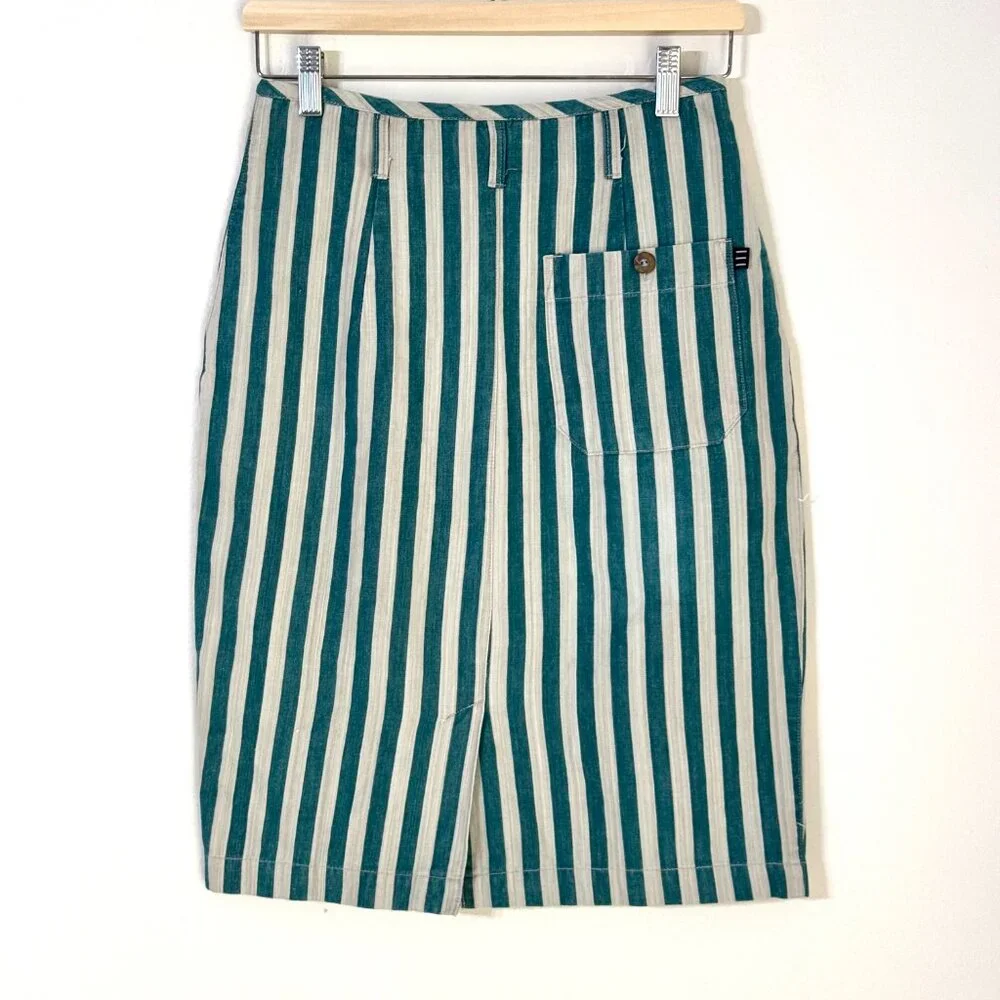 Vintage 80s Esprit Sport Denim Pencil Skirt Vertical Stripe Green White Pockets - Picture 6 of 15